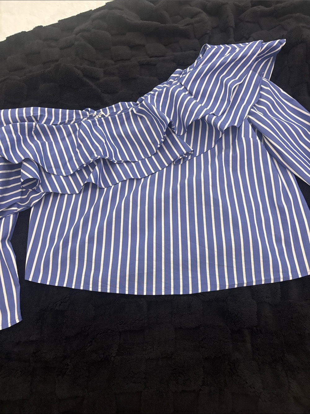 Forever 21 Blue and White Striped One-Shoulder Ruffle Top